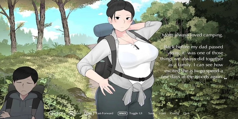 Tampilan awal Camp With Mom dengan nuansa visual novel yang unik
